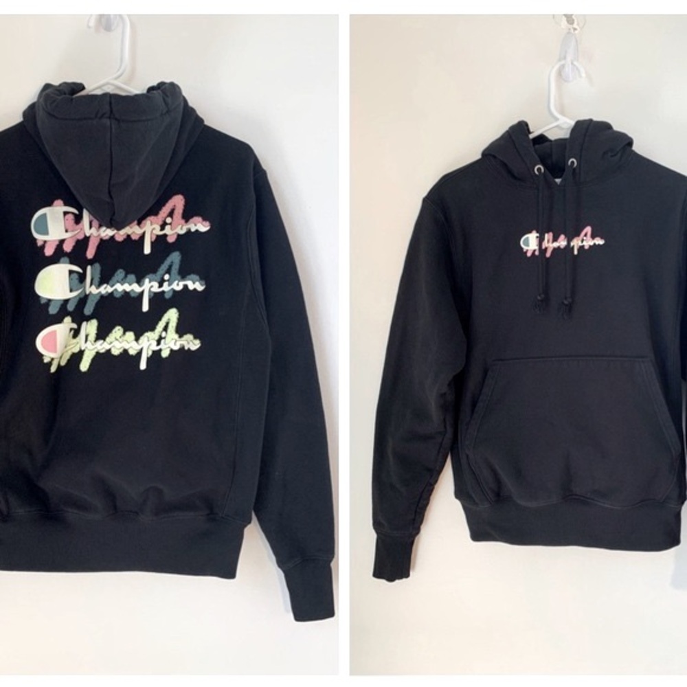 Vintage 90s Grunge Champion Reverse Weave Color Logo Black Hoodie Small
